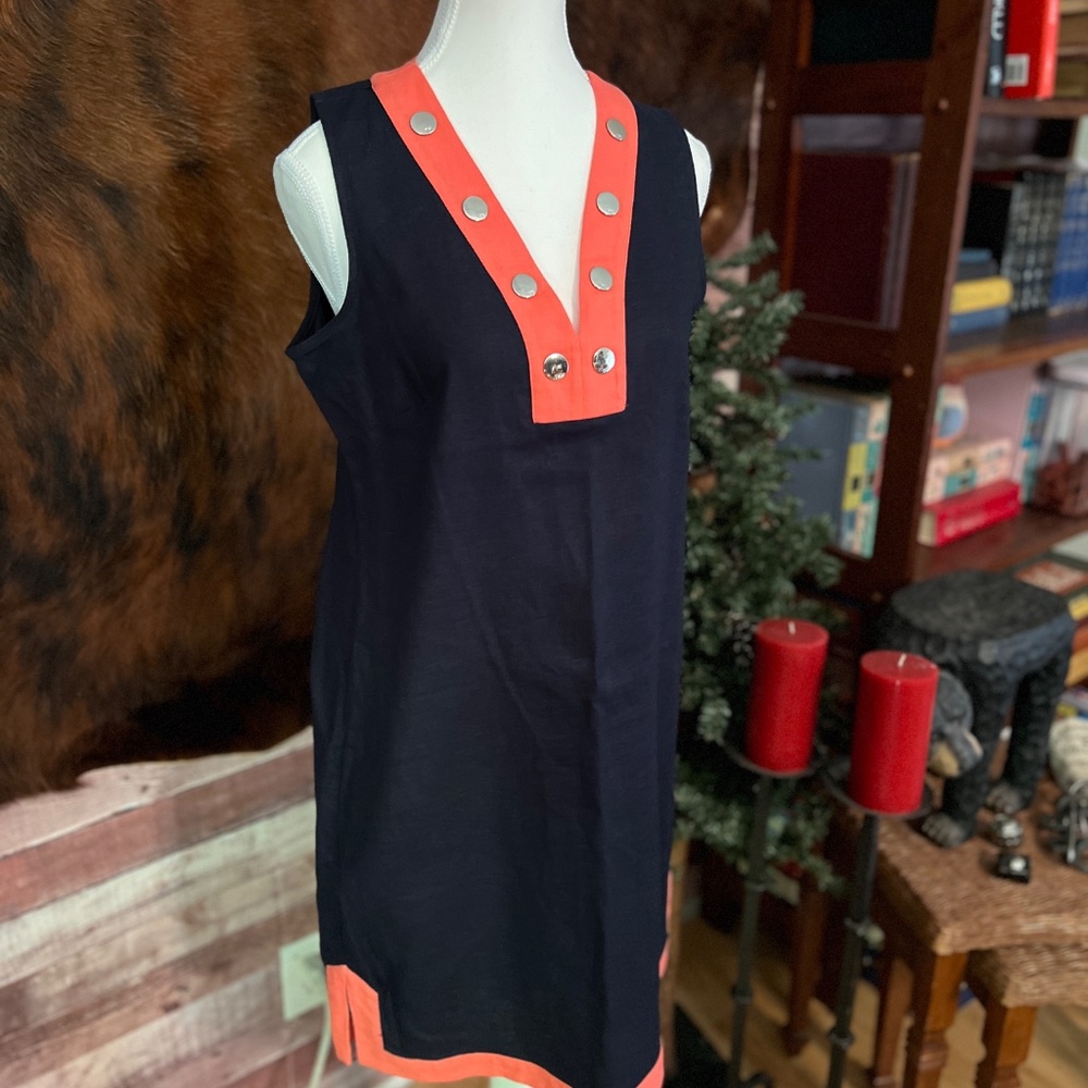Tommy Hilfiger Navy Linen Dress w/ Coral Trim & Gold Button Detail
